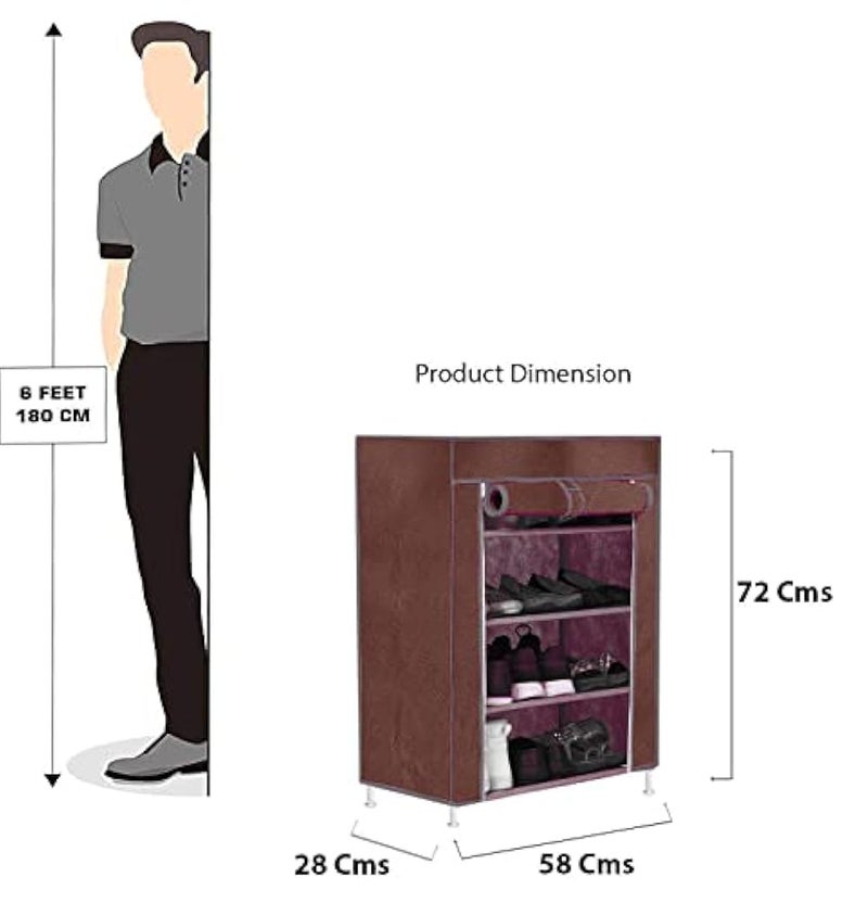 FLIPZON Multipurpose 4-Tiers Shoe Rack with Dustproof Zip Cover, Multiuse Wide Space Storage Rack made by Non Woven Fabric for footwear, Toys, clothes (4 Shelves) (Brown) - Image 2