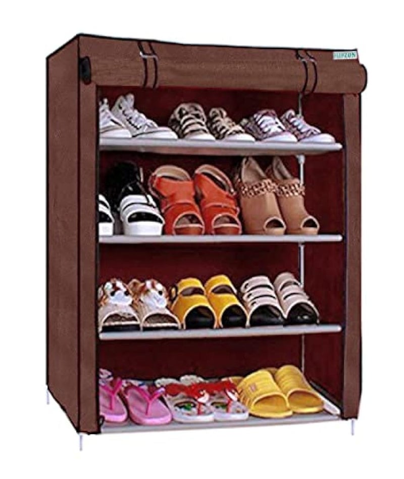 FLIPZON Multipurpose 4-Tiers Shoe Rack with Dustproof Zip Cover, Multiuse Wide Space Storage Rack made by Non Woven Fabric for footwear, Toys, clothes (4 Shelves) (Brown) - Image 1