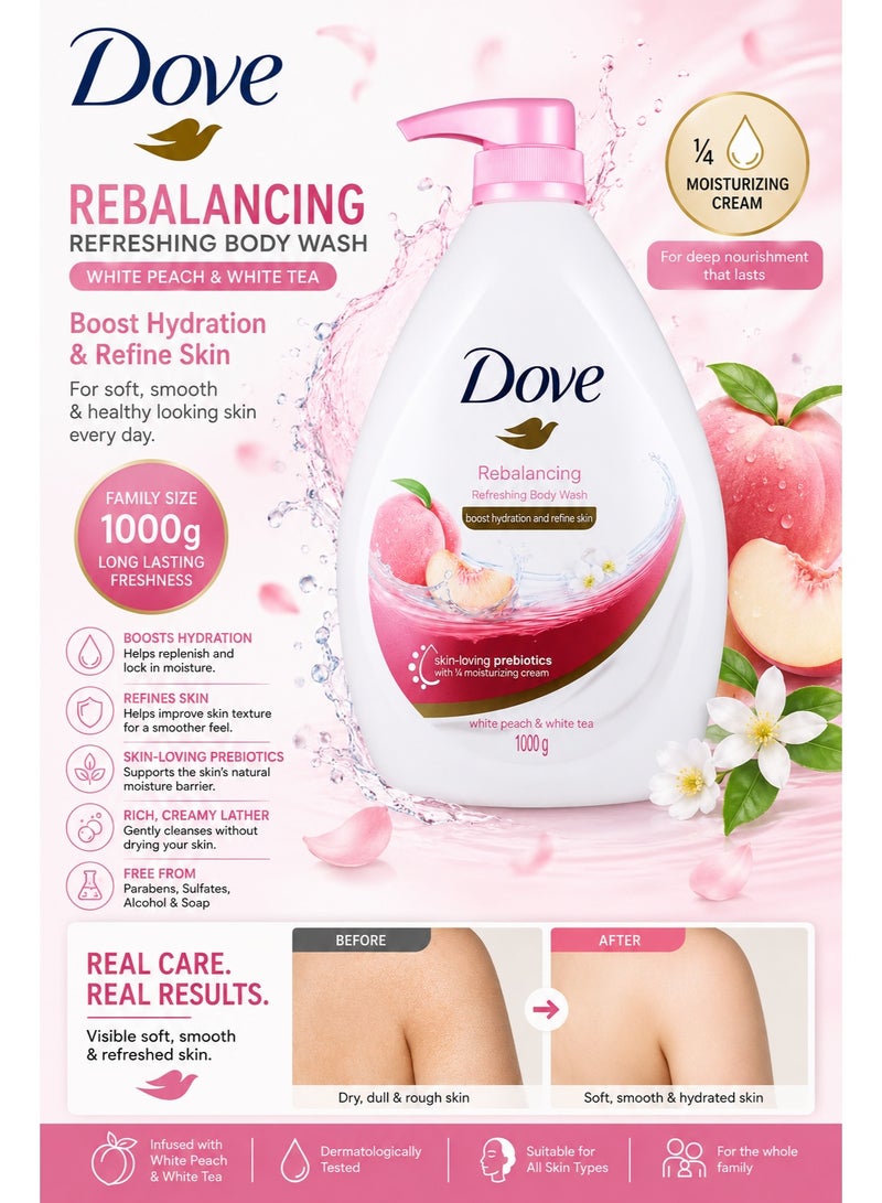 Dove Rebalancing Refreshing Body Wash White Peach & White Tea With ¼ Moisturizing Cream For Soft Hydrated Skin 1000g - Image 2