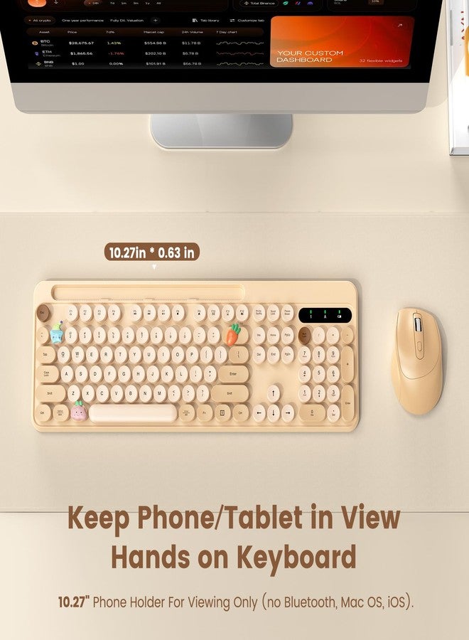 SABLUTE Wireless Keyboard and Mouse Combo, Retro Round Keycaps, Full-Size Stylish Typewriter Keyboard with Phone/Tablet Holder, Ergonomic Mouse with 3-Level DPI, 2.4GHz Connection for Windows/PC (Milk-Tea) - Image 2
