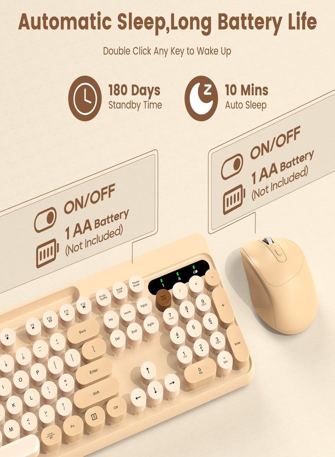 SABLUTE Wireless Keyboard and Mouse Combo, Retro Round Keycaps, Full-Size Stylish Typewriter Keyboard with Phone/Tablet Holder, Ergonomic Mouse with 3-Level DPI, 2.4GHz Connection for Windows/PC (Milk-Tea) - Image 5