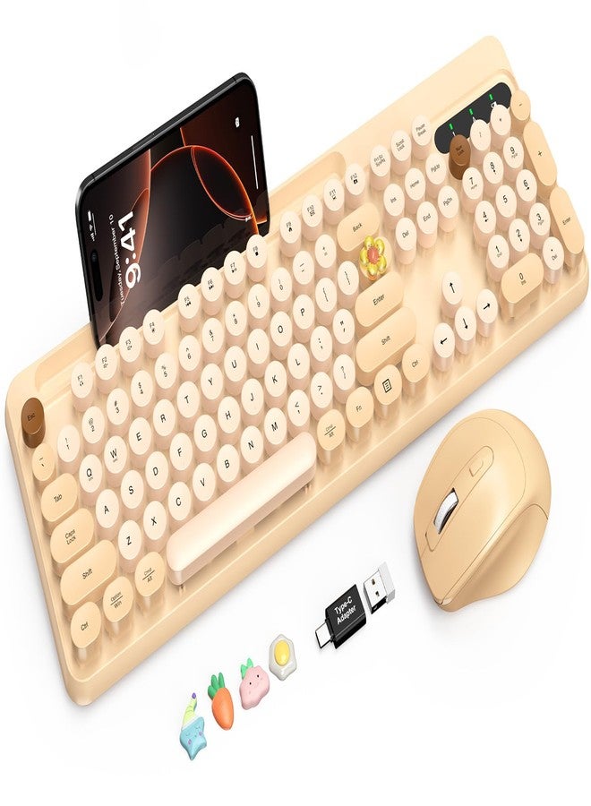 SABLUTE Wireless Keyboard and Mouse Combo, Retro Round Keycaps, Full-Size Stylish Typewriter Keyboard with Phone/Tablet Holder, Ergonomic Mouse with 3-Level DPI, 2.4GHz Connection for Windows/PC (Milk-Tea) - Image 1