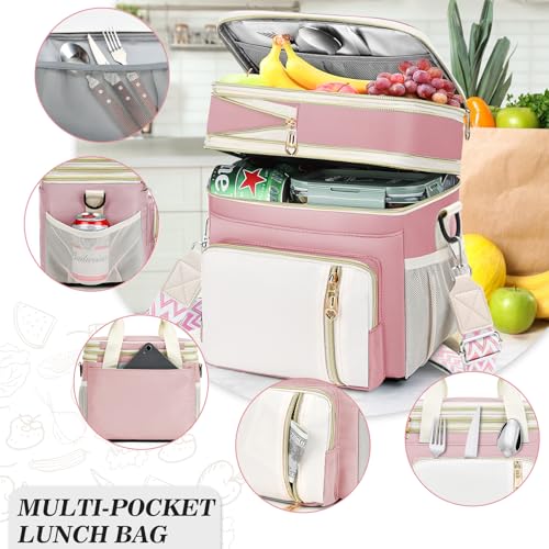 LOKASS Lunch Box Lunch Bag for Women Men Double Deck Large Insulated Adult Lunch Box Leakproof Lunchbox Cooler Bag for Work Picnic BeachPinkWhite 16L - Image 3
