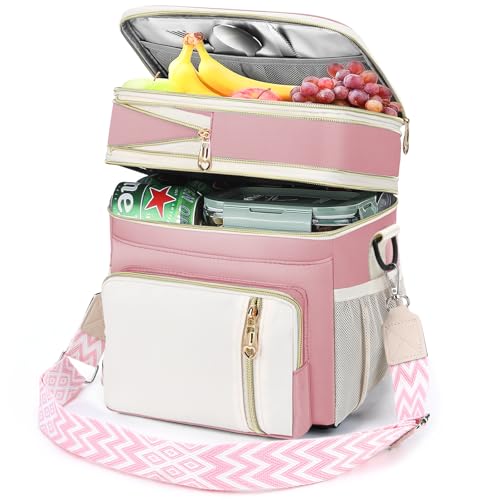 LOKASS Lunch Box Lunch Bag for Women Men Double Deck Large Insulated Adult Lunch Box Leakproof Lunchbox Cooler Bag for Work Picnic BeachPinkWhite 16L - Image 1