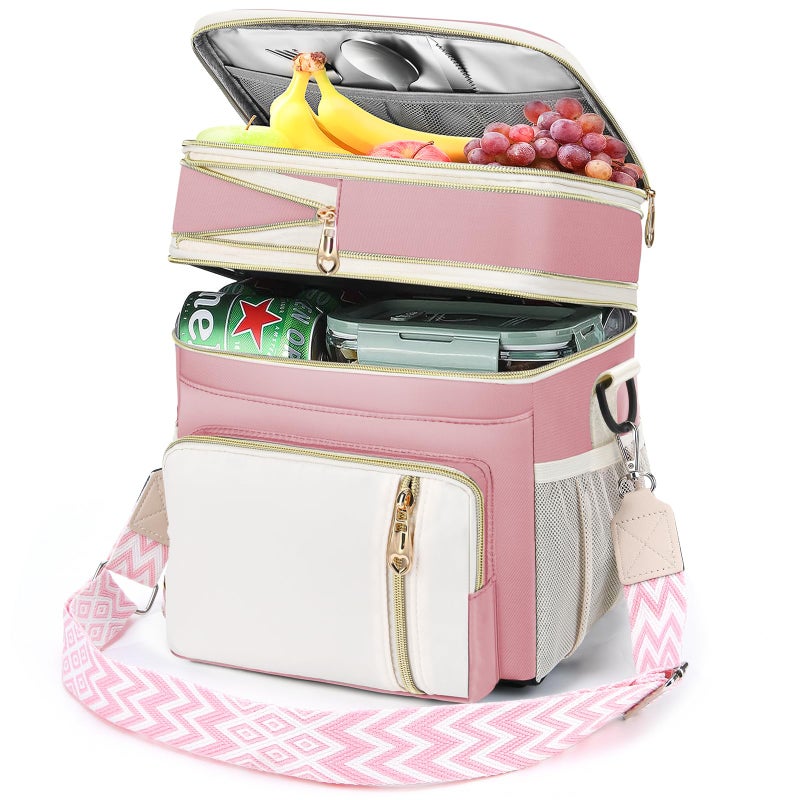 LOKASS Lunch Box Lunch Bag for Women Men Double Deck Large Insulated Adult Lunch Box Leakproof Lunchbox Cooler Bag for Work Picnic BeachPinkWhite 16L - Image 2