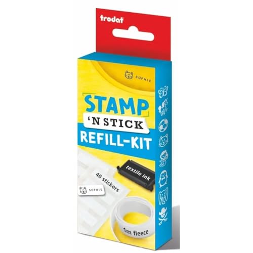 Trodat Stamp N Stick Refill Kit Continue The Use of Your Stamper and Personalise Kids Uniforms Belongings for Years to Come Features Iron On Fleece 40 Stickers and Black Textile Ink Pad - Image 1