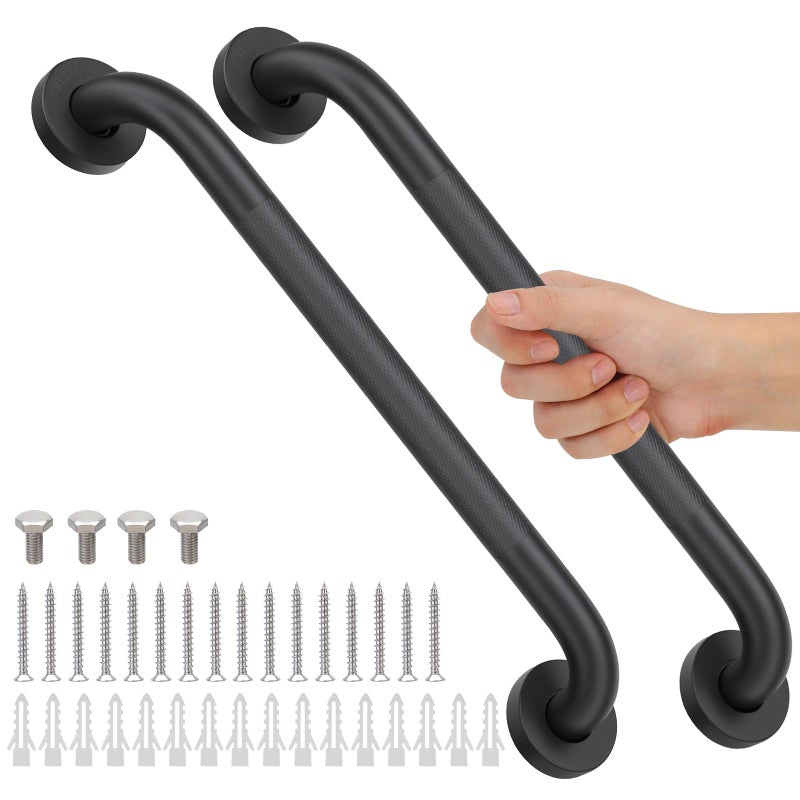 HZXFG 2 Pack 16 Inch Shower Grab Bars for Seniors Bathroom Black Stainless Steel Safety Support Handles for Shower Anti Slip Grab Bar for Bathroom Handicap Elderly Injury Pregnant Assist Bath Handle - Image 2