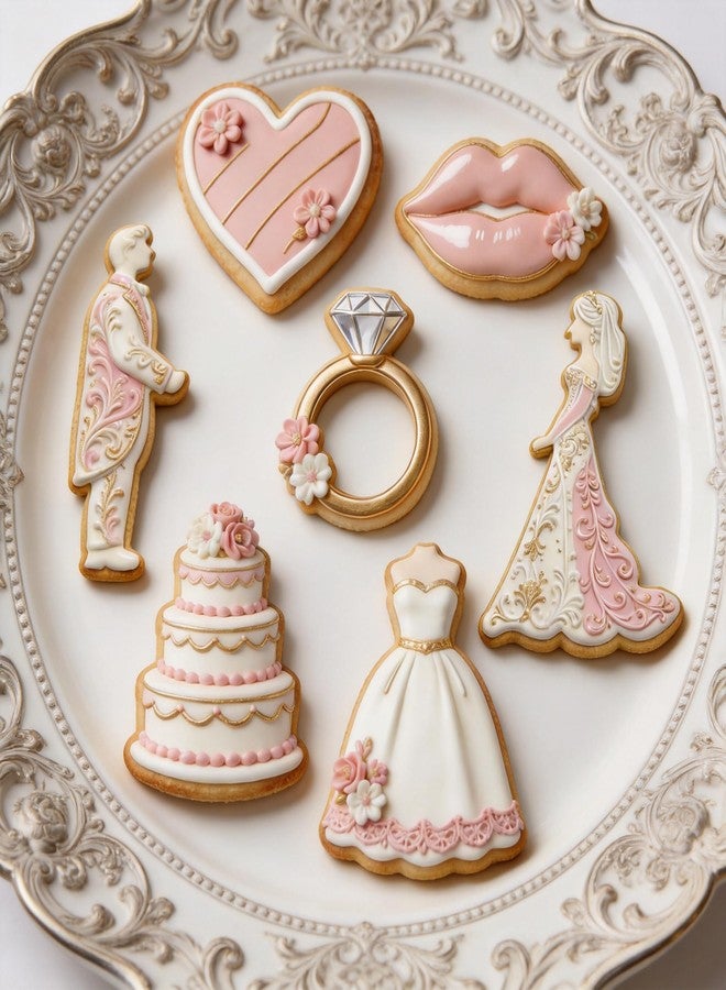 ZADE Wedding Cookie Cutters, 7 Pcs Stainless Steel Biscuit Cutters for Baking, Wedding Dress Cookie Cutter Diamond Ring Heart Shapes for Wedding Proposal Party - Image 3