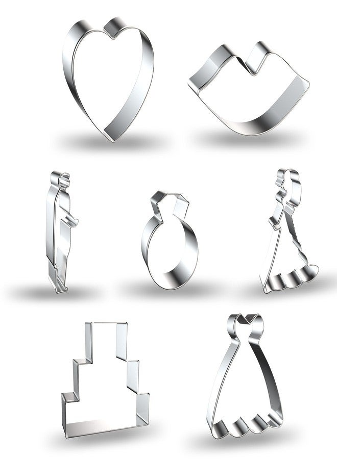 ZADE Wedding Cookie Cutters, 7 Pcs Stainless Steel Biscuit Cutters for Baking, Wedding Dress Cookie Cutter Diamond Ring Heart Shapes for Wedding Proposal Party - Image 1