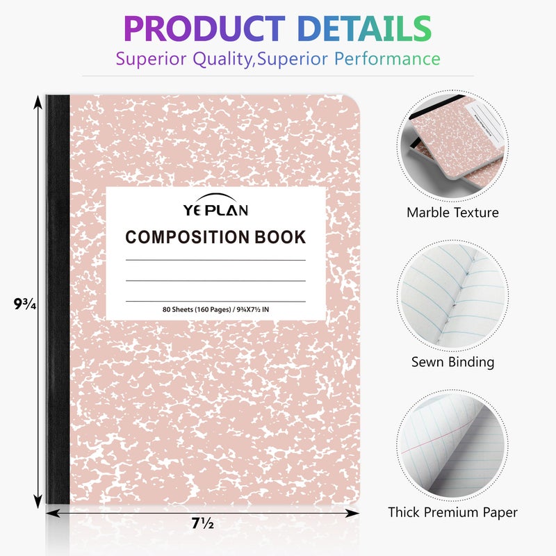 Yeplan Composition Notebooks 4 pack, Wide Ruled Notebook Paper, 9 3/4" x 7 1/2", 80 Sheets/160 Pages, Pastel Marble Hard Cover Composition Notebook, Aesthetic School & Office Supplies (4, Pastel Colors) - Image 2