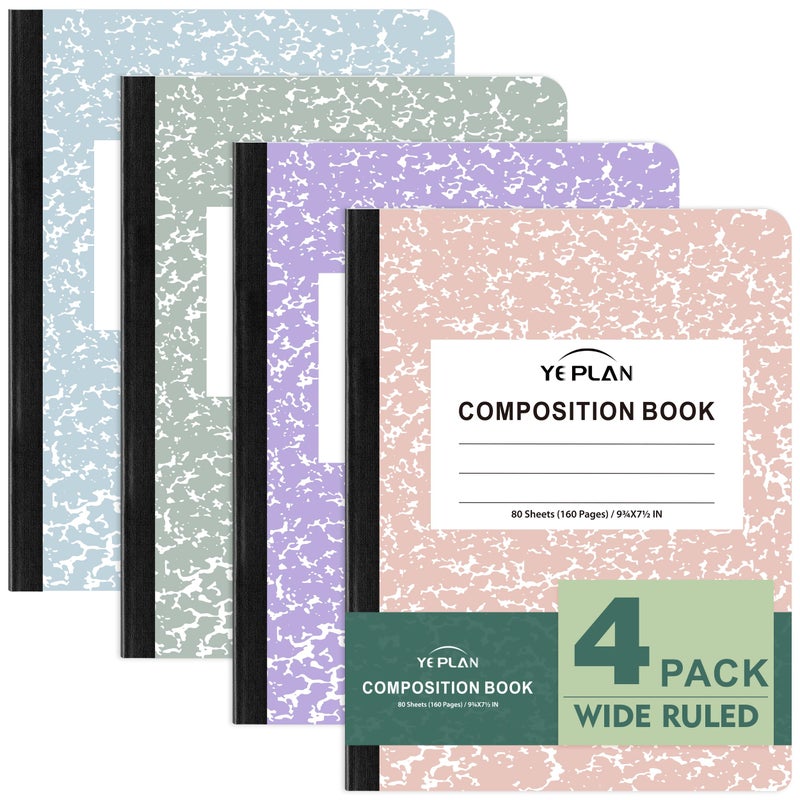 Yeplan Composition Notebooks 4 pack, Wide Ruled Notebook Paper, 9 3/4" x 7 1/2", 80 Sheets/160 Pages, Pastel Marble Hard Cover Composition Notebook, Aesthetic School & Office Supplies (4, Pastel Colors) - Image 1