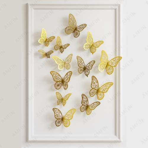 AMFIN (Pack of 12) 3D Metallic Butterfly Wall Stickers, Art Decor. Removable DIY Paper Butterflies for Living Room, Bedroom, Nursery, Party Decorations, Birthday - Gold - Image 1