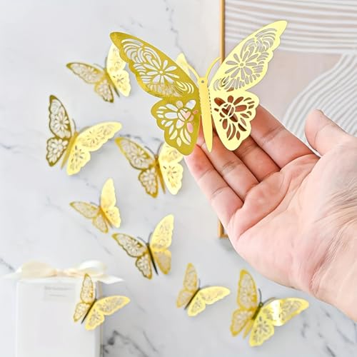 AMFIN (Pack of 12) 3D Metallic Butterfly Wall Stickers, Art Decor. Removable DIY Paper Butterflies for Living Room, Bedroom, Nursery, Party Decorations, Birthday - Gold - Image 2