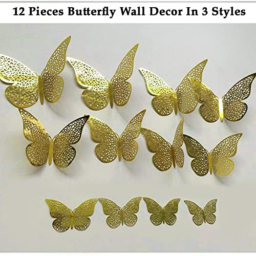 AMFIN (Pack of 12) 3D Metallic Butterfly Wall Stickers, Art Decor. Removable DIY Paper Butterflies for Living Room, Bedroom, Nursery, Party Decorations, Birthday - Gold - Image 3