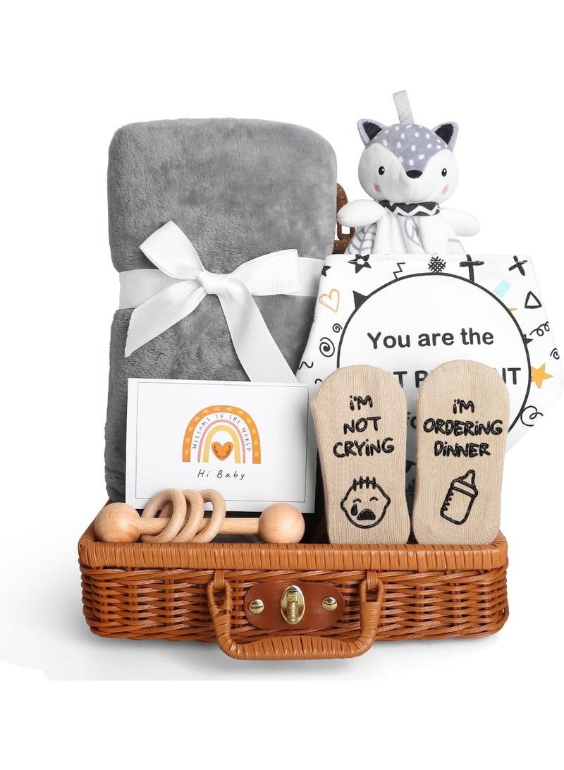 Newborn Gift Sets - Baby Gift Basket for Girls Boys, Unique Baby Shower Gifts Basket Essential Stuff with Baby Lovey Blanket Newborn Bibs Socks Wooden Rattle & Greeting Card (Elegant Grey) - Image 1