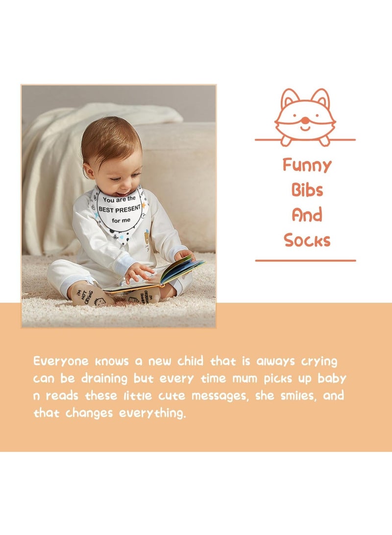 Newborn Gift Sets - Baby Gift Basket for Girls Boys, Unique Baby Shower Gifts Basket Essential Stuff with Baby Lovey Blanket Newborn Bibs Socks Wooden Rattle & Greeting Card (Elegant Grey) - Image 4