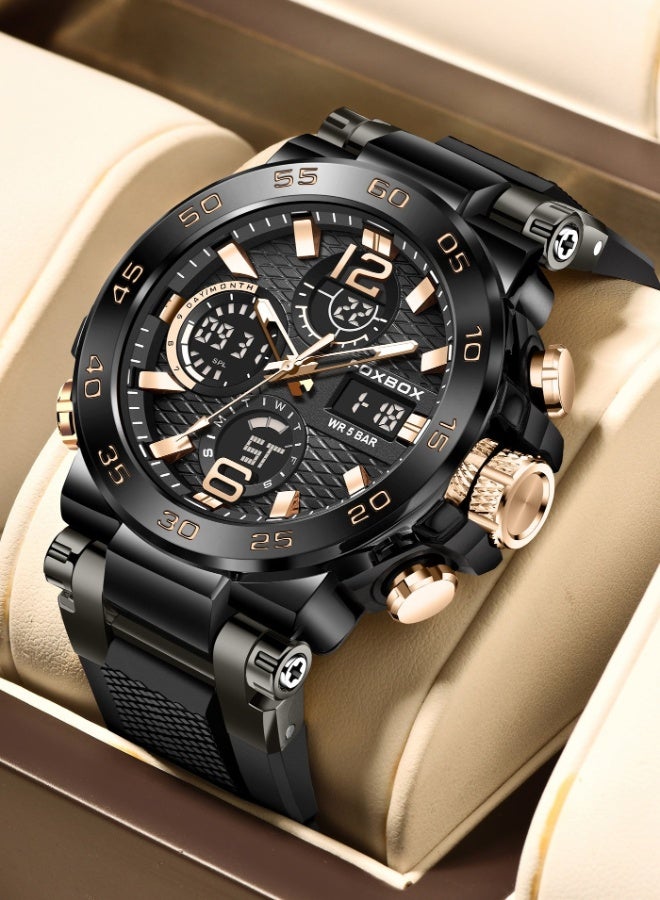 FOXBOX Fashion Stylish Waterproof Wrist Watches for Men Sports Quartz Watch Rose Gold & Black - Image 4
