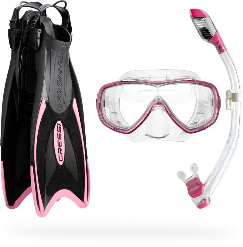 Cressi Palau Snorkeling Set Pink ML US Man 8511 US Lady 9512 Tempered Glass Snorkel Mask Dry Swim Gear for Adults Adjustable Diving Fins - Image 2