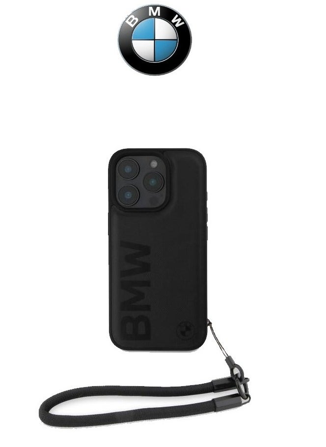 CG MOBILE - Back cover for iPhone 16 Pro, with a hand strap, made of genuine leather and approved by the global brand (BMW) in black - Image 1