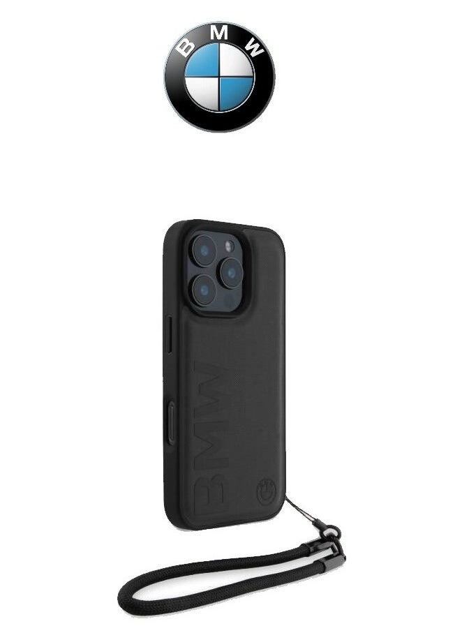 CG MOBILE - Back cover for iPhone 16 Pro, with a hand strap, made of genuine leather and approved by the global brand (BMW) in black - Image 1