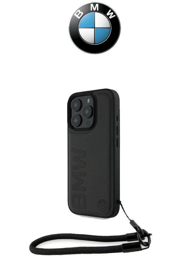 CG MOBILE - Back cover for iPhone 16 Pro, with a hand strap, made of genuine leather and approved by the global brand (BMW) in black - Image 1