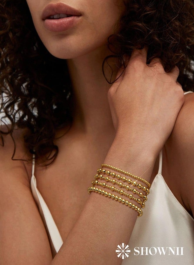 shownii Gold Bracelets for Women - 14K Gold Plated Stretch Beaded Bracelets Stackable Bead Ball Adjustable Jewelry Set with Cross Graduation Gifts for Her - Image 2