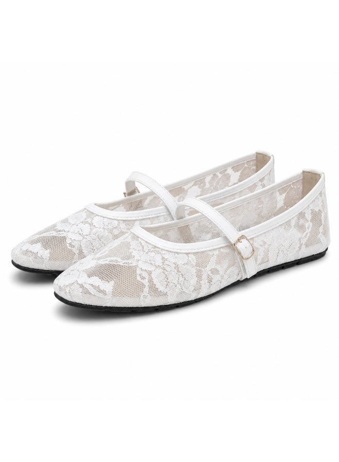 Women’s Ballet Flats, Ladies Mary Jane Lace Shoes, Floral Closed-Toe Flat Shoes with Strap and Buckle, Casual Ballerina Shoes – White – Code 5035 - Image 1