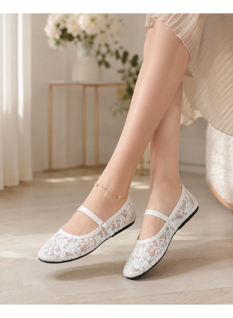 Women’s Ballet Flats, Ladies Mary Jane Lace Shoes, Floral Closed-Toe Flat Shoes with Strap and Buckle, Casual Ballerina Shoes – White – Code 5035 - Image 2