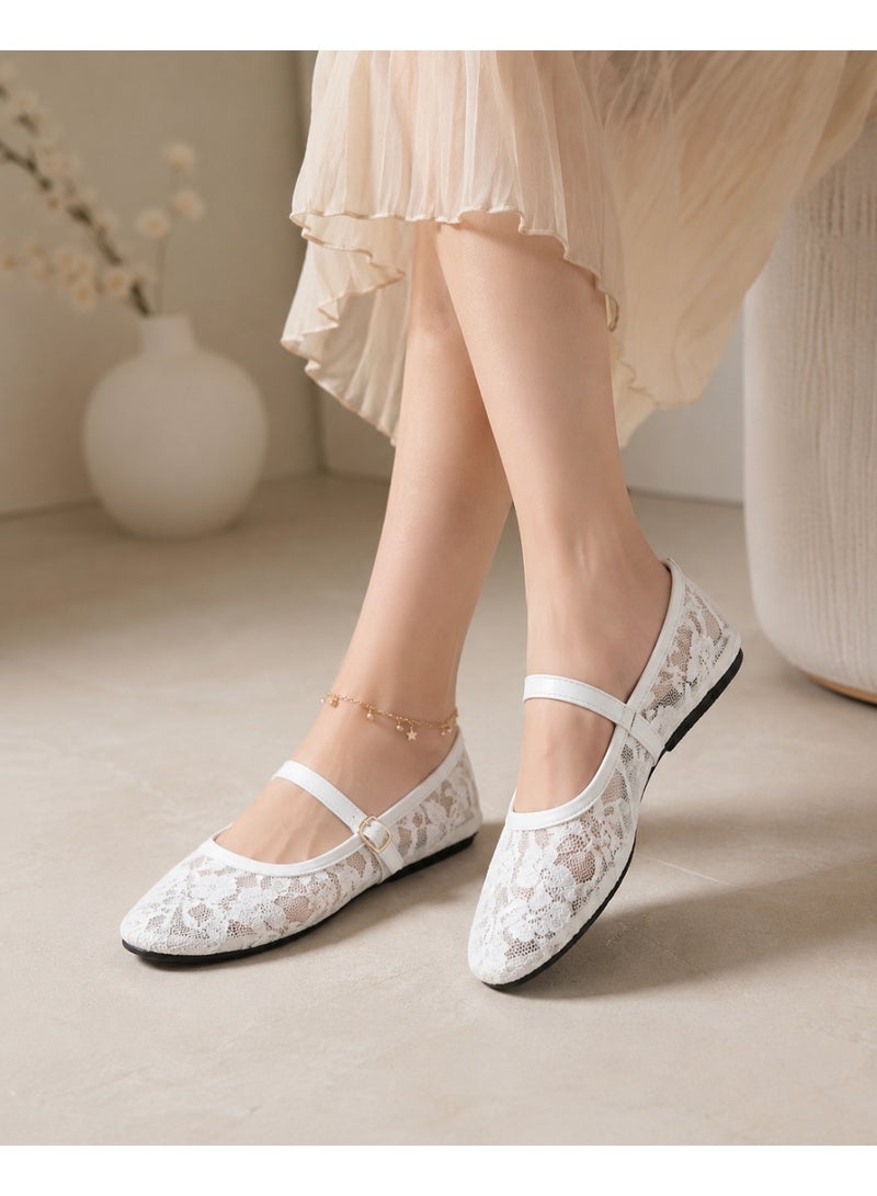 Women’s Ballet Flats, Ladies Mary Jane Lace Shoes, Floral Closed-Toe Flat Shoes with Strap and Buckle, Casual Ballerina Shoes – White – Code 5035 - Image 3