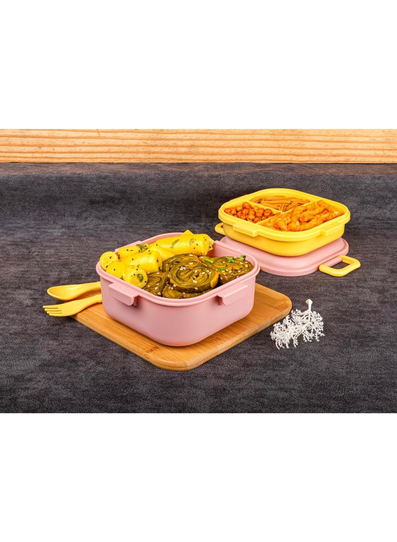 ATTRO Quick Bite Owl Love LUN Box with 3 Compartment Fork and Spoon BPA Free Food Grade Ideal for Kids School Picnic and Outdoor 800ml Peach Plastic - Image 2