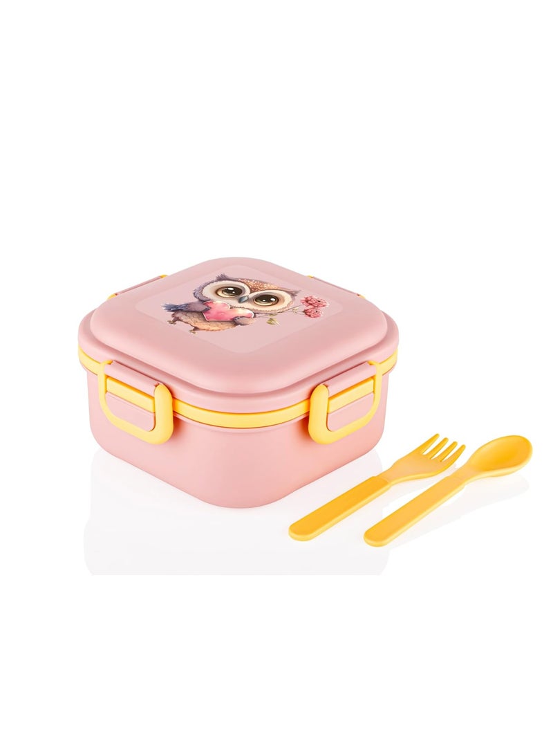 ATTRO Quick Bite Owl Love LUN Box with 3 Compartment Fork and Spoon BPA Free Food Grade Ideal for Kids School Picnic and Outdoor 800ml Peach Plastic - Image 1