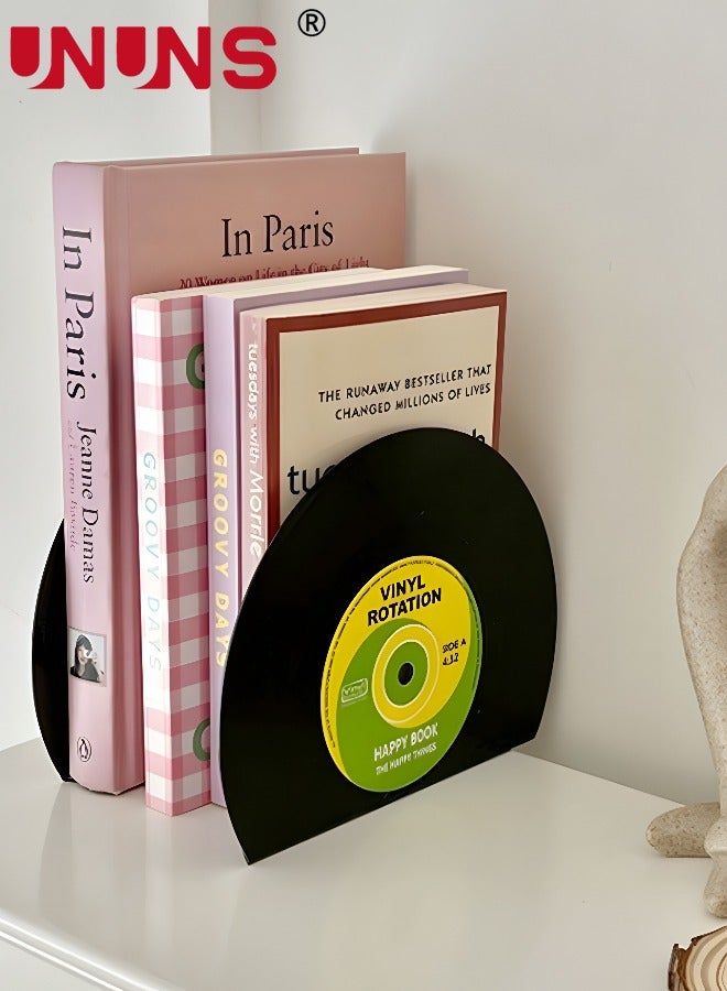UNUNS رف كتب سطح المكتب، منظم رفوف كتب لأسطوانات سي دي، رفوف كتب من الفينيل بتصميم عتيق لمحبي الكتب القديمة، ديكورات رفوف إبداعية لحمل الكتب للمنزل/المكتب/رف الكتب/الدراسة، زوج واحد باللون الأسود  - Image 1