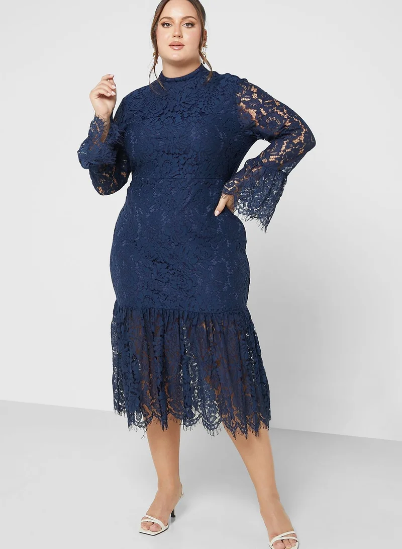 Ella Plus Lace Detail Fringe Hem Dress