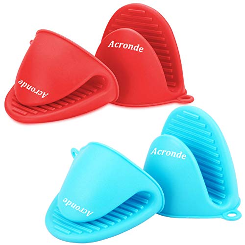 Acronde 2 Pairs Mini Oven Gloves Silicone Heat Resistant Cooking Pinch Mitts Potholder for Kitchen Cooking & Baking (Red and Blue) - Image 1