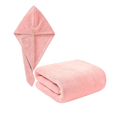 MAXOSHINE Microfiber Bath Towel/Hair Wrap Combo-Soft Super Absorbent Towels for Bath with Hook-Quick Dry Towel for Women and Men (1 Bath Towel+1 Hair Wrap Combo-Pink) - Image 1