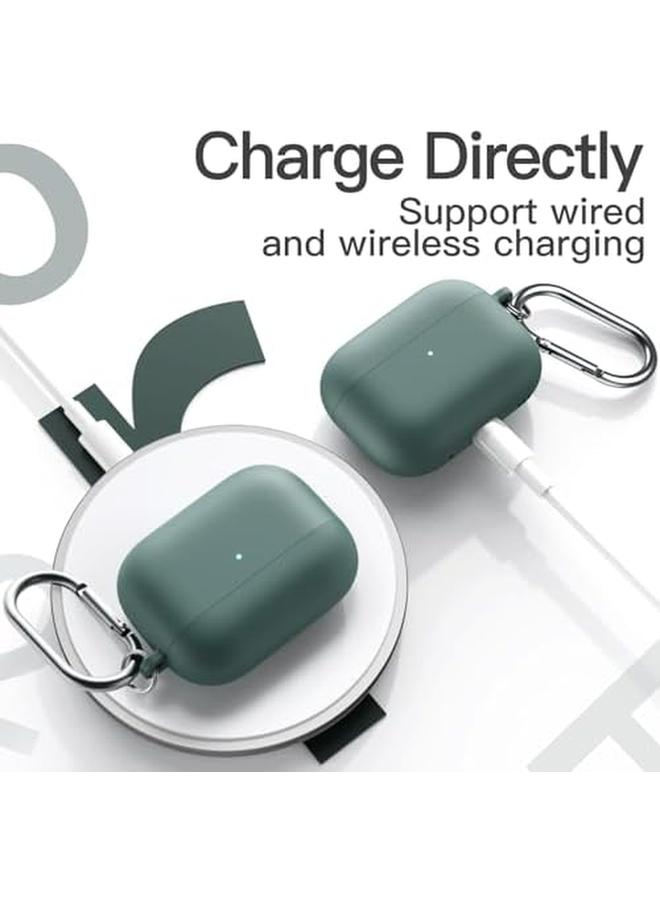 جي تيك غطاء سيليكون مطور لسماعات Airpods Pro الجيل الثاني والأول 2023 2022 2019 مع سلسلة مفاتيح من مادة البولي كربونات الصلبة الداخلية وغطاء حماية مقاوم للصدمات مع إضاءة أمامية LED باللون الأخضر الصنوبري - Image 3