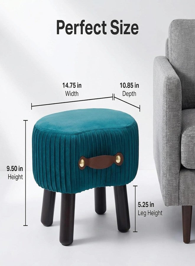 Leesingdo Small Footstool with Handle, Velvet Ottoman Foot Rest with Padded Seat, Curved Foot Stool with Wooden Legs, Portable Foot Rest for Living Room, Bedroom, Entryway, Peacock Blue - Image 3