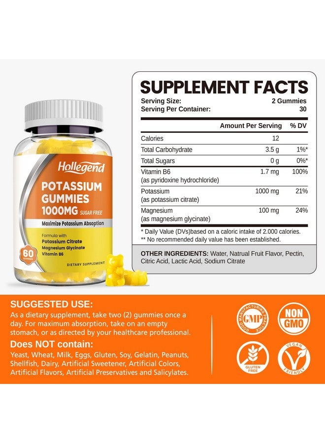 Hollegend هوليجند حبوب البوتاسيوم 1000 ملغ، مزيج لتعزيز امتصاص البوتاسيوم مع فيتامين ب6 والمغنيسيوم، مكمل سترات البوتاسيوم للبالغين، خالي من السكر، 60 حبة - Image 2