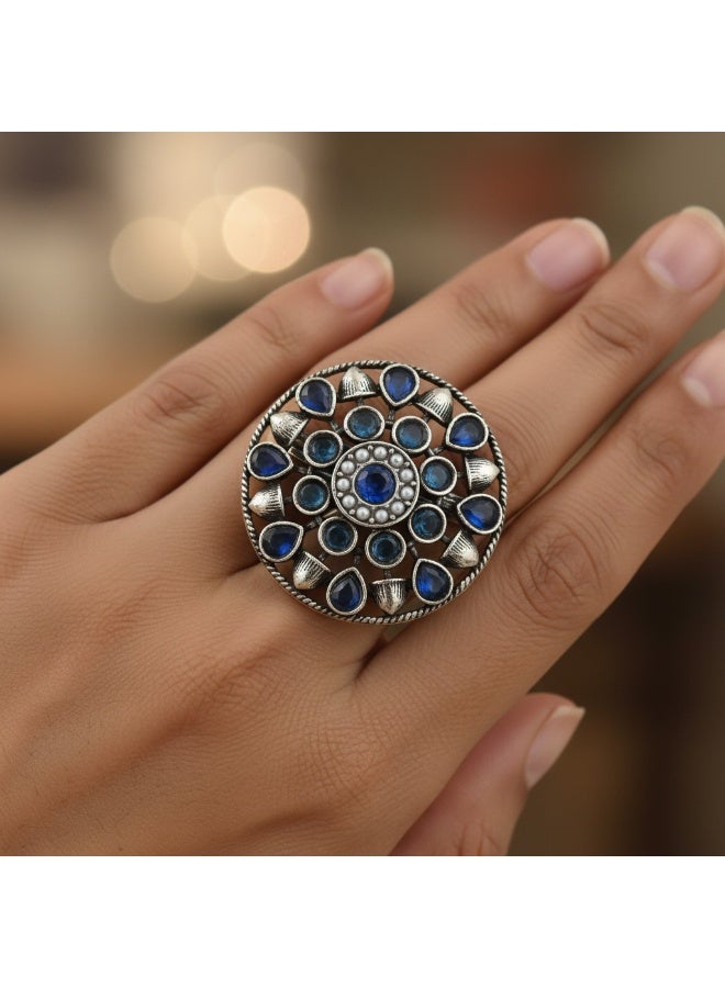 Pretty Precious Oxidised Adjustable Finger Ring for Women and Girls – Antique Silver Finish, Trendy Boho Jewellery - Image 1