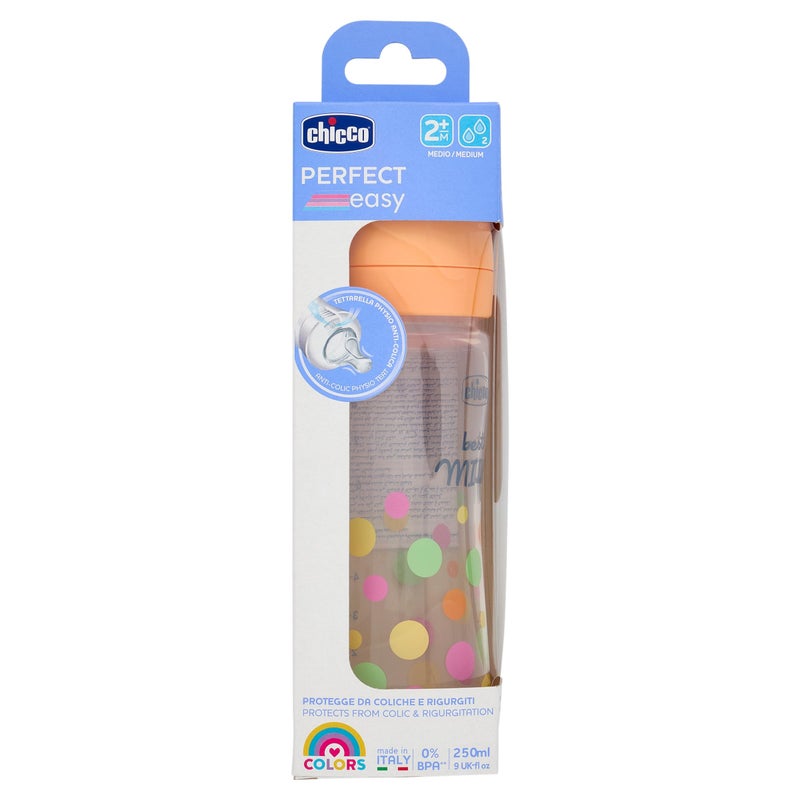 Chicco Perfect Easy Medium Flow Bottle with Physio Teat Made of Soft Silicone and Soft Sense Finish, Anti-Colic, Reduces Belching and Irritability, 250 ml Plastic Bottle, 2 M, Girls