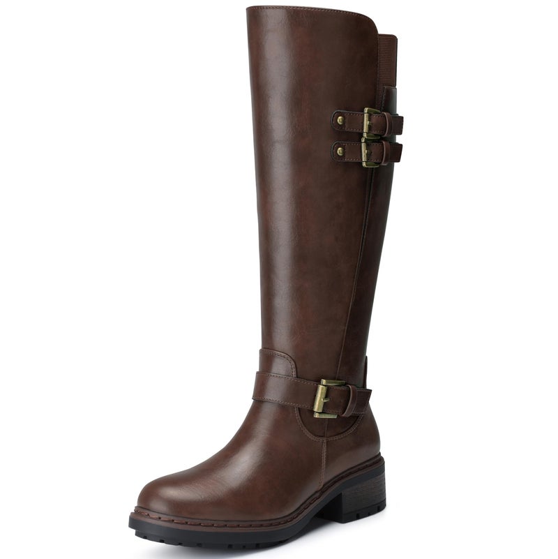 SHIBEVER Womens Knee High Boots Dark Brown Round Toe Side Zipper Motorcycle Riding Boots Low Block Heel Tall Fall Boots 2026 Size 9 - Image 2