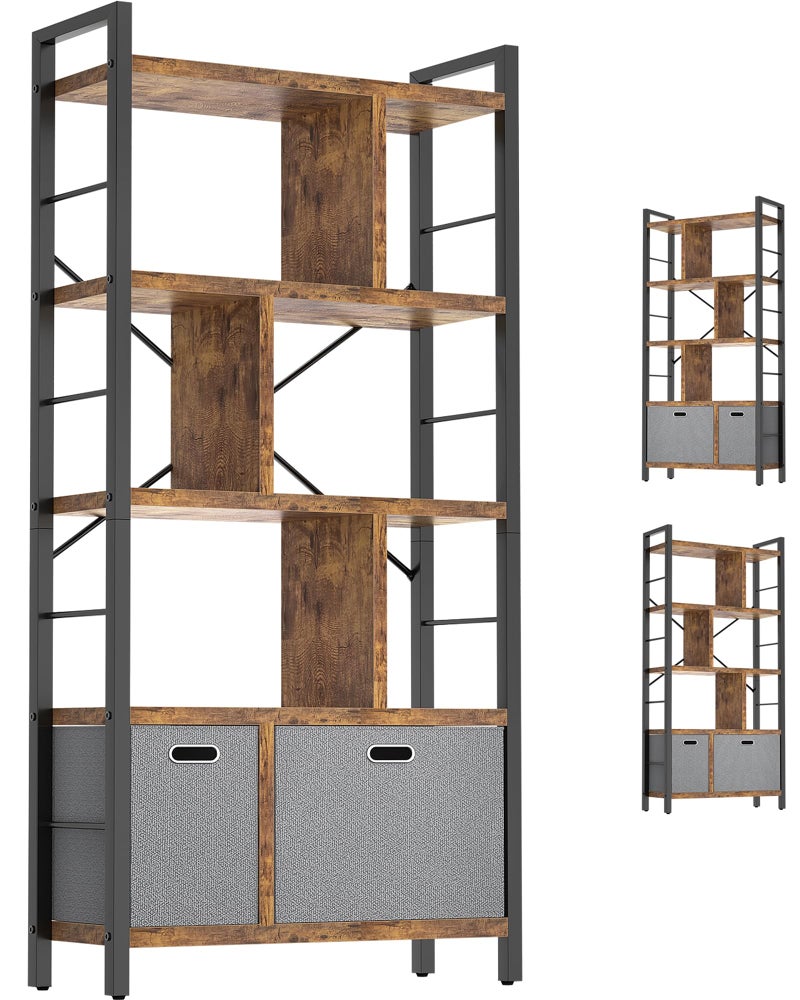 armocity Bookshelf with Drawers  5 Tier Tall Bookcase Geometric Modern Book Shelf Display Standing Bookshelves with Storage for Living Room Bedroom Home Office Rustic Brown