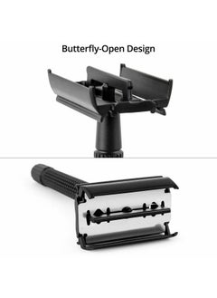 QSHAVE Double Edge 4 inch Long Handle Safety Razor for Men or Women Twist Butterfly Open Matte Black Steel Coating (1 Razor + 5 pcs Titanium Coated Blades + Leather Travel Case)  - Image 2