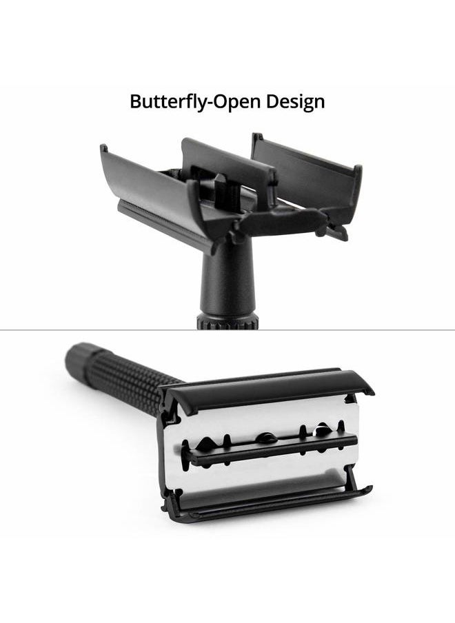 QSHAVE - Double Edge 4 inch Long Handle Safety Razor for Men or Women Twist Butterfly Open Matte Black Steel Coating (1 Razor + 5 pcs Titanium Coated Blades + Leather Travel Case) - Image 1
