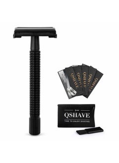 Double Edge 4 inch Long Handle Safety Razor for Men or Women Twist Butterfly Open Matte Black Steel Coating (1 Razor + 5 pcs Titanium Coated Blades + Leather Travel Case)