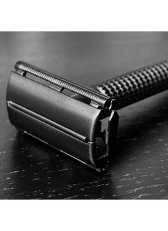 QSHAVE Double Edge 4 inch Long Handle Safety Razor for Men or Women Twist Butterfly Open Matte Black Steel Coating (1 Razor + 5 pcs Titanium Coated Blades + Leather Travel Case)  - Image 3