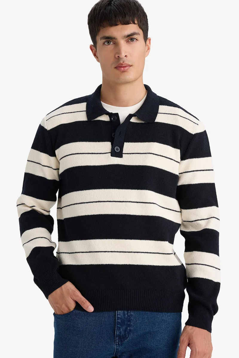 Defacto Standard Fit Polo Neck Color Block Knit Pullover