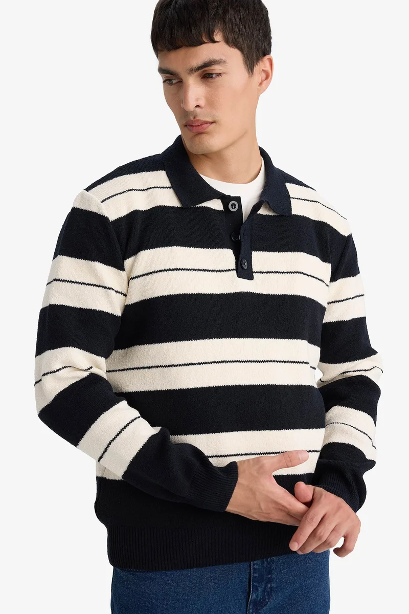 Defacto Standard Fit Polo Neck Color Block Knit Pullover