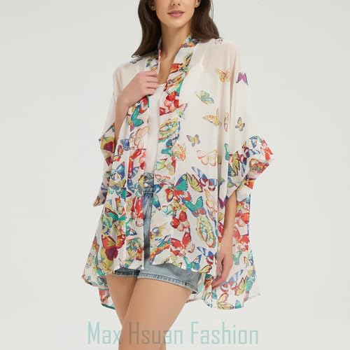 Max Hsuan Women's Loose Print Sheer Chiffon Kimono Beach Swim Cover up Cardigan Capes - Image 4