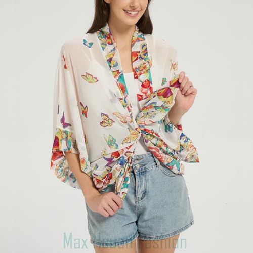 Max Hsuan Women's Loose Print Sheer Chiffon Kimono Beach Swim Cover up Cardigan Capes - Image 3
